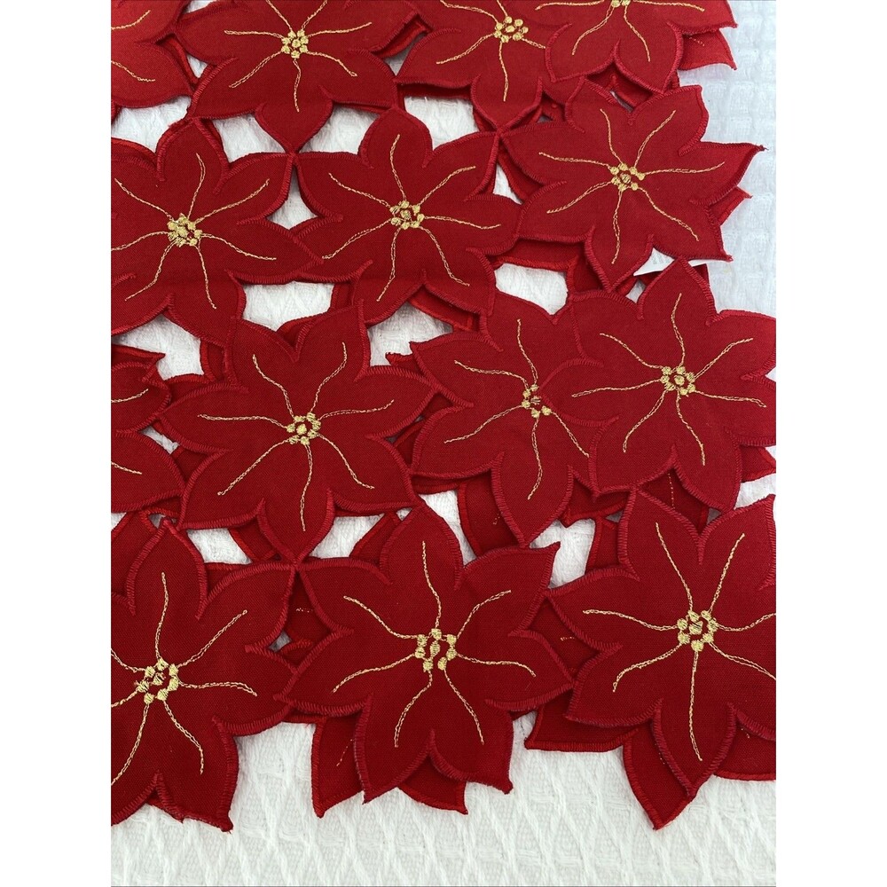 Vintage BESS Poinsettia Holiday Table Runner Red with Metallic Gold 72” X 13” - Picture 3 of 4